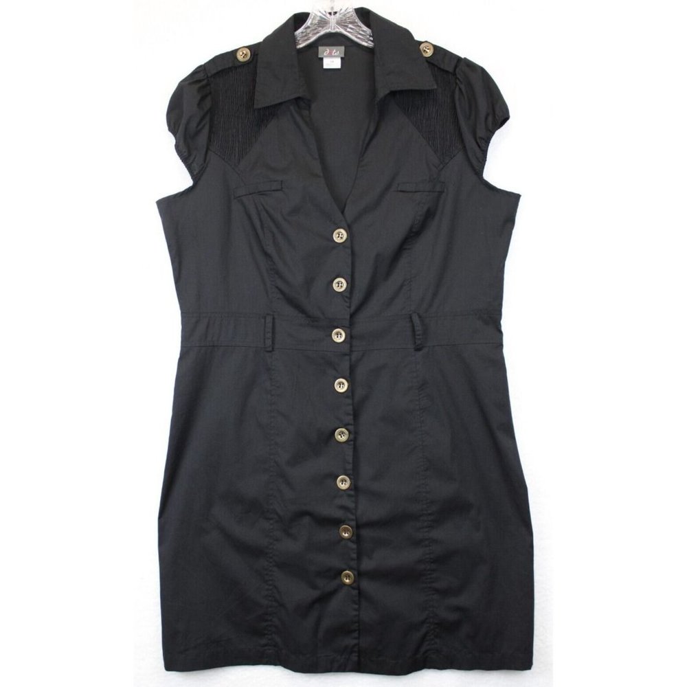 Dots Sheath Dress Women 1 X Knee Length Button Front Black Collared Cap Sleeve